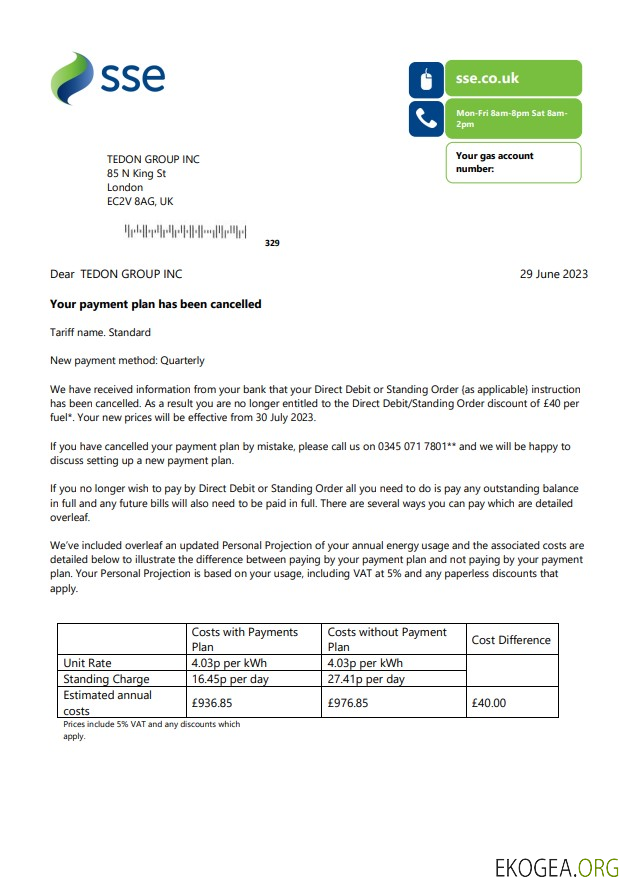 Facture commerciale du service public SSE Energy, modèle Word et PDF, version 1